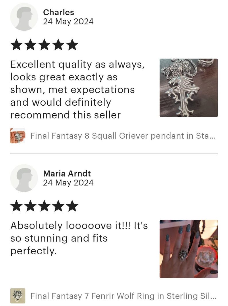 three reviews of jewelry items, including a pendant and a ring. The reviews are written in a rating system, with stars indicating the quality of the jewelry. The reviews are from different people, and they all have positive feedback about the jewelry items.