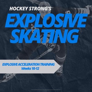 Może przedstawiać: Program Hockey Strong's Explosive Skating na tygodnie 10-12. Hokeista w akcji na lodzie, w niebiesko-białej koszulce, jedzie na łyżwach z kijem w ręku.