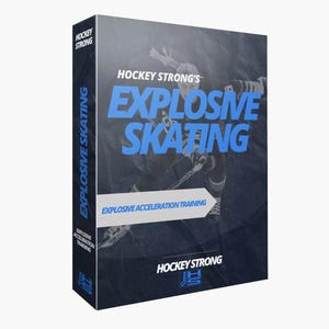 Może przedstawiać: Okładka książki w kolorze niebieskim i białym z tytułem "Hockey Strong's Explosive Skating" i podtytułem "Explosive Acceleration Training". Na okładce znajduje się hokeista jadący na łyżwach po lodzie.