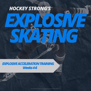 Może przedstawiać: Obraz promocyjny programu Explosive Skating firmy Hockey Strong. Obraz przedstawia hokeistę w akcji, z tytułem programu dużymi niebieskimi literami. Tekst poniżej brzmi "Explosive Acceleration Training Weeks 4-6."