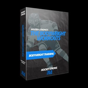 Może przedstawiać: Okładka książki w kolorze niebieskim i białym z tytułem "Hockey Strong's The Bodyweight Workouts" i tekstem "Bodyweight Training" w niebieskim prostokącie. Na okładce znajduje się hokeista w akcji.