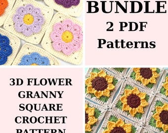 3D Flower Granny Square Crochet Pattern Bundle: Floral Blanket, Bag, Pillow Motif PDF Pattern