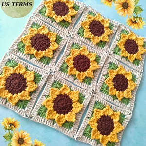 May include: A handmade crochet blanket featuring a sunflower design. Each square showcases a yellow sunflower with a brown center, surrounded by green leaves and a cream-colored border. The blanket is made of yarn and is a cozy, decorative item.