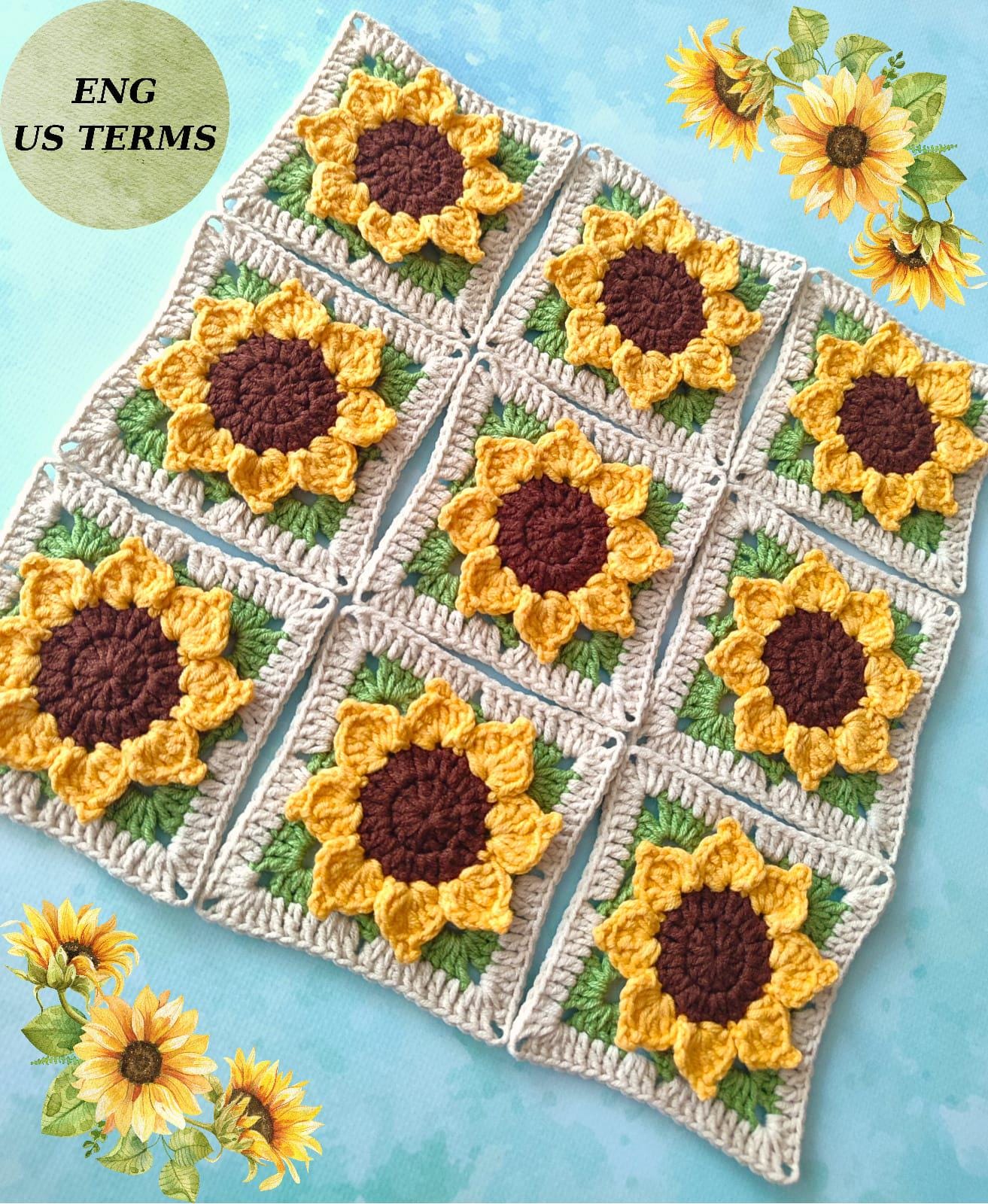 3D Sunflower Granny Square Crochet Pattern - Beginner-Friendly Easy Floral Motif, PDF Crochet Flower Tutorial, Floral Bag, Pillow Square