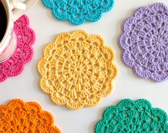 Easy Floral Crochet Coaster Pattern: Scalloped Round Mug Rug (PDF Digital Download)