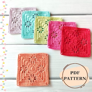 Op de afbeelding: Een verzameling kleurrijke, vierkante haakstukken in roze, groene en oranje tinten. Elk stuk heeft een gedetailleerd bloemendesign. De afbeelding bevat ook de tekst "PDF PATTERN".