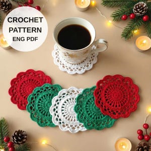 Padrão de Crochê para Porta-Copos de Natal | Tapete de Caneca de Natal Fácil, Download Digital, Termos Americanos (PDF para Iniciantes)