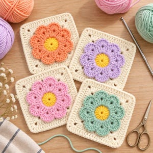 May include: Four square crochet motifs in off-white yarn, each featuring a central yellow flower with petals in orange, lavender, pink, and mint green. The set includes yarn balls in matching colors, a metal crochet hook, and metal scissors.