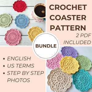 May include: A collection of colorful, handmade crochet coasters in various shades, including red, blue, yellow, and pink. The image also features a cup of coffee and text that reads "CROCHET COASTER PATTERN BUNDLE".