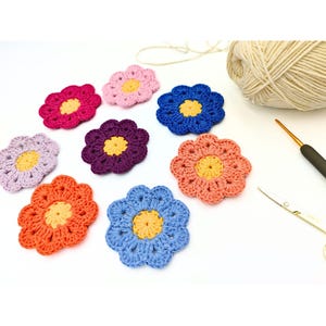 Può includere: Otto forme di fiori all'uncinetto in vari colori, tra cui rosa, viola, blu e arancione, con centri gialli. I fiori sono disposti su una superficie bianca.