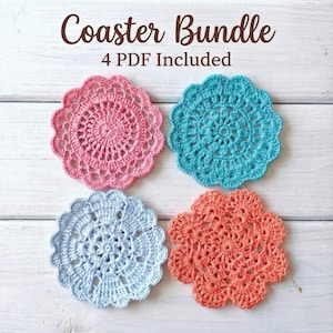 May include: A bundle of four handmade crochet coasters in shades of pink, blue, and orange. The coasters have a floral design and scalloped edges. The text "Coaster Bundle" and "4 PDF Included" are at the top.