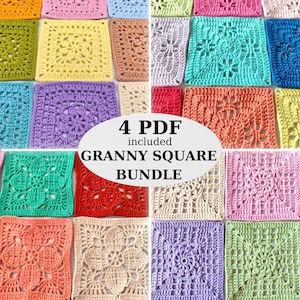 Op de afbeelding: Een verzameling kleurrijke gehaakte granny squares, gerangschikt in een raster, met verschillende patronen en texturen. De vierkanten zijn in tinten groen, paars en oranje. De tekst op de afbeelding luidt "4 PDF included GRANNY SQUARE BUNDLE."
