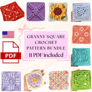 Könnte beinhalten: Eine Sammlung von elf bunten Granny-Square-Häkelmustern. Das Bild zeigt verschiedene quadratische Designs, wie z. B. Blumen- und geometrische Muster, in Rot-, Lila-, Gelb-, Blau-, Orange- und Grüntönen. Der Text auf dem Bild lautet "GRANNY SQUARE CROCHET PATTERN BUNDLE 11 PDF included."