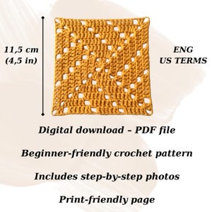 May include: A square mustard yellow crochet granny square measuring 11.5 cm. Text reads: ENG US TERMS, Digital download - PDF file, Beginner-friendly crochet pattern, Includes step-by-step photos, Print-friendly page. The item is a digital pattern.