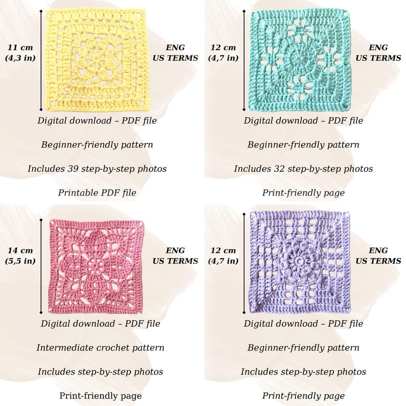 Flower Granny Square Pattern Bundle: 4 Easy & Beginner-friendly Crochet ...