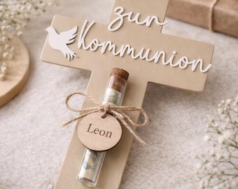 Kreuz zur Kommunion mit Geldglas | personalisiertes Geschenk Kommunion Konfirmation Taufe | Geldgeschenk Kreuz modern Kreuz mit Reagenzglas