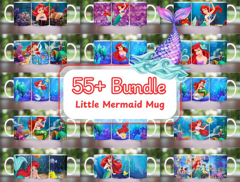 Puede incluir: Una colecci&oacute;n de tazas de cer&aacute;mica blanca con varios dise&ntilde;os inspirados en La Sirenita. Las tazas muestran a Ariel en diferentes escenas, con vibrantes fondos submarinos. El texto "55+ Bundle Little Mermaid Mug" se muestra en un marco blanco y rojo.