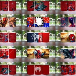 May include: A collection of ceramic coffee mugs featuring various Spider-Man designs. The mugs showcase different action poses, comic book art, and the Spider-Man logo against red and blue backgrounds. Each mug has a white handle.