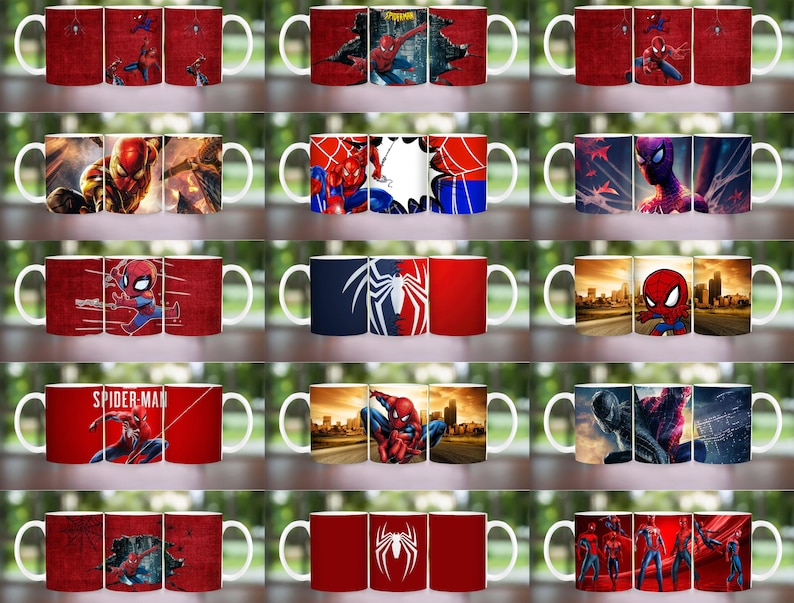May include: A collection of ceramic coffee mugs featuring various Spider-Man designs. The mugs showcase different action poses, comic book art, and the Spider-Man logo against red and blue backgrounds. Each mug has a white handle.