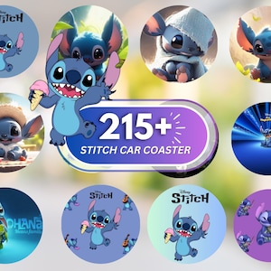 May include: A collection of Stitch car coasters featuring various images of the Disney character. The coasters are round and feature Stitch in different poses, some holding ice cream. The text "215+ Stitch Car Coaster" is also present.