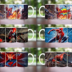 May include: White ceramic mugs featuring Spider-Man in action poses. The mugs showcase vibrant scenes of the superhero in various settings, including cityscapes and action-packed comic book panels. Each mug has a white handle.