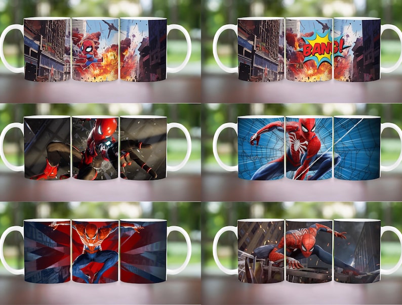 May include: White ceramic mugs featuring Spider-Man in action poses. The mugs showcase vibrant scenes of the superhero in various settings, including cityscapes and action-packed comic book panels. Each mug has a white handle.