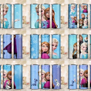 May include: A collection of blue insulated tumblers featuring characters from the animated film "Frozen." The tumblers display images of Elsa, Anna, Olaf, and other characters, with snowflake and "Frozen" text designs. The tumblers are cylindrical and appear to be approximately 8 inches tall.