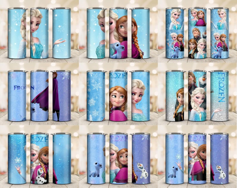 May include: A collection of blue insulated tumblers featuring characters from the animated film "Frozen." The tumblers display images of Elsa, Anna, Olaf, and other characters, with snowflake and "Frozen" text designs. The tumblers are cylindrical and appear to be approximately 8 inches tall.