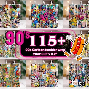 Op de afbeelding: Een verzameling van 20oz-tumblers met verschillende ontwerpen van tekenfilmfiguren uit de jaren 90. De bekers zijn 23,6 cm x 20,8 cm en hebben kleurrijke wraps met personages uit populaire animatieseries. De afbeelding bevat de tekst "90's 115+".