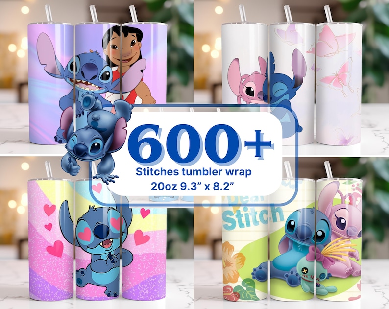 Puede incluir: Una colecci&oacute;n de vasos de 20 oz con varios dise&ntilde;os del personaje Stitch. Los vasos tienen un fondo blanco e incluyen im&aacute;genes de Stitch con Lilo, corazones y mariposas. El texto "600+ Stitches tumbler wrap 20oz 23.6cm x 20.8cm" es visible.