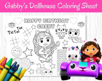 Página para colorear de cumpleaños de Gabby: Actividad editable de casa de muñecas (archivos PDF y JPEG descargables)
