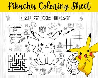 Pagina da colorare di compleanno di Pikachu, nome modificabile (PDF, JPEG)