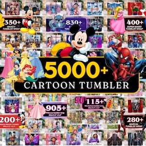 Puede incluir: Una exhibición de envolturas de vasos con temas de dibujos animados que presentan personajes como Mickey Mouse, Stitch y Spider-Man. La imagen muestra una variedad de diseños, incluidas princesas de Disney y personajes de Super Mario. El texto en la imagen dice "5000+ CARTOON TUMBLER".