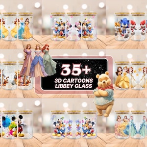 Puede incluir: Una colección de vasos de vidrio Libbey con varios personajes de dibujos animados, incluyendo princesas de Disney, Mickey Mouse y Winnie the Pooh. Los vasos tienen tapas doradas y están decorados con ilustraciones coloridas. La imagen también incluye el texto "35+ 3D CARTOONS LIBBEY GLASS."