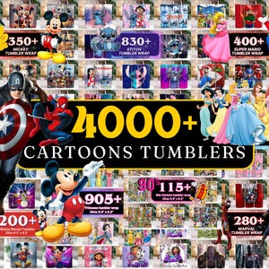May include: A display of cartoon-themed tumblers featuring characters like Mickey Mouse, Stitch, Super Mario, and Marvel heroes. The image includes text that reads "4000+ CARTOONS TUMBLERS" and various numbers indicating the quantity of each design.