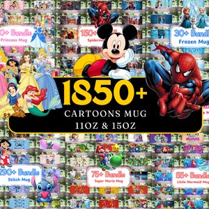 Può includere: Un'esposizione di tazze a tema cartoni animati, con personaggi come le principesse Disney, Spider-Man, Topolino e Stitch. L'immagine include testo che indica varie opzioni di bundle e dimensioni delle tazze di 312 ml e 444 ml. Il tema generale è una collezione di tazze di personaggi dei cartoni animati.