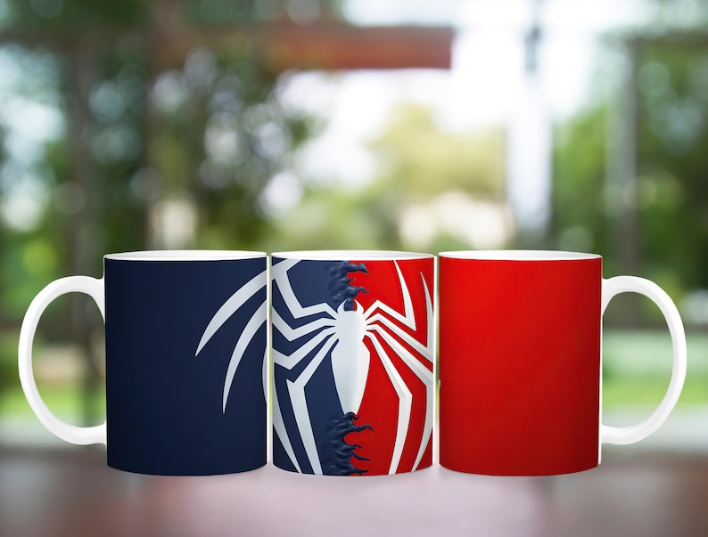 May include: Three white ceramic mugs with different designs. One mug is navy blue with a white spider web design. The second mug has a split design of navy blue and red with a white spider web. The third mug is solid red.