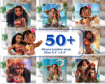 Paquete de envoltorios para vasos de Moana: diseños PNG de vasos delgados de 20 oz (descarga digital)