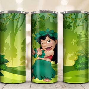 May include: A green and silver insulated tumbler featuring a cartoon character in a green skirt and lei. The tumbler has a jungle-themed background with green foliage and trees. The design wraps around the entire tumbler.