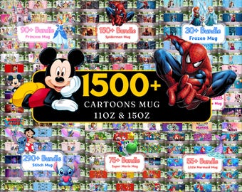 Paquete de tazas con más de 1500 personajes de dibujos animados: diseños de sublimación (descarga digital PNG)