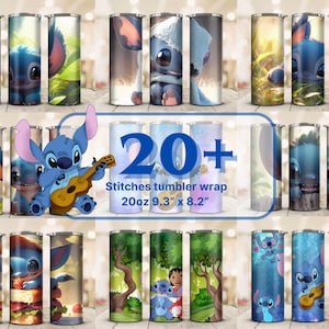 May include: A collection of 20+ tumbler wraps featuring the character Stitch. The wraps are cylindrical, with various designs including Stitch playing a ukulele, and other scenes. The text on the image reads "20+ Stitches tumbler wrap 20oz 9.3" x 8.2".