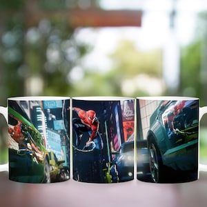 May include: White ceramic mug featuring a vibrant illustration of Spider-Man in action amidst a cityscape. The design showcases the superhero swinging between buildings, with cars and city lights in the background. A perfect gift for comic book fans.