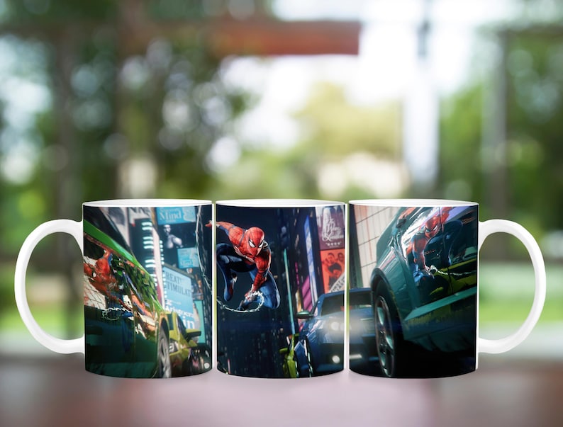 May include: White ceramic mug featuring a vibrant illustration of Spider-Man in action amidst a cityscape. The design showcases the superhero swinging between buildings, with cars and city lights in the background. A perfect gift for comic book fans.