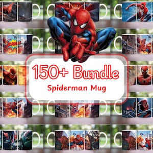 May include: A collection of white ceramic mugs featuring various images of Spider-Man. The mugs display action poses, comic book panels, and the text "150+ Bundle Spiderman Mug". The mugs are arranged on a wooden surface.