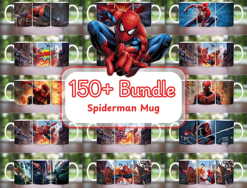 May include: A collection of white ceramic mugs featuring various images of Spider-Man. The mugs display action poses, comic book panels, and the text "150+ Bundle Spiderman Mug". The mugs are arranged on a wooden surface.