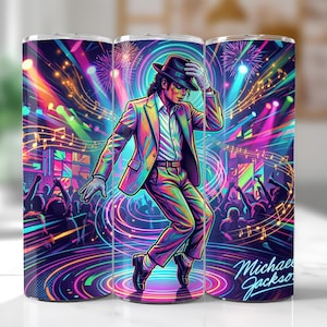 May include: A cylindrical tumbler featuring a vibrant, neon-colored illustration of a performer in a suit and fedora dancing on a stage. The design includes swirling musical notes, bright spotlights, fireworks, and the name Michael Jackson in script.