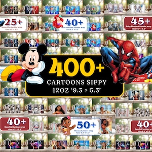 May include: A digital collage showcasing over 400 cartoon sippy cup tumbler wrap designs, including characters like Spider-Man, Mickey Mouse, and Moana. Each design is labeled with specific counts and dimensions of 9.3 inches by 5.3 inches.