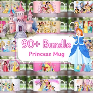 May include: A selection of white ceramic mugs adorned with Disney princess illustrations. The mugs display characters such as Cinderella, Ariel, and Snow White, with a pink castle backdrop. The text "90+ Bundle Princess Mug" is also present.