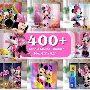 Könnte beinhalten: Eine Sammlung von Minnie Mouse-Bechern mit verschiedenen Designs. Die Becher zeigen Bilder von Minnie Mouse, Mickey Mouse und Freunden. Der Text auf dem Bild lautet "400+ Minnie Mouse Tumbler 20oz 9.3" x 8.2" (23.6cm x 20.8cm)."