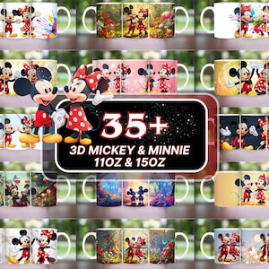 May include: A collection of 3D Mickey and Minnie Mouse mugs. The mugs feature various designs, including colorful backgrounds and images of the iconic characters. Text on the image reads "35+ 3D MICKEY & MINNIE 110OZ & 150Z".